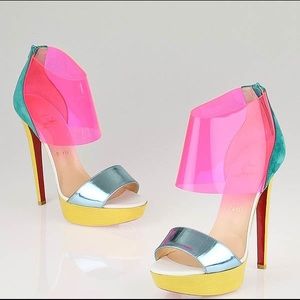 Authentic Christian Louboutin Rose Paris Dufoura 140 Specc/PVC/Veau Sandals
